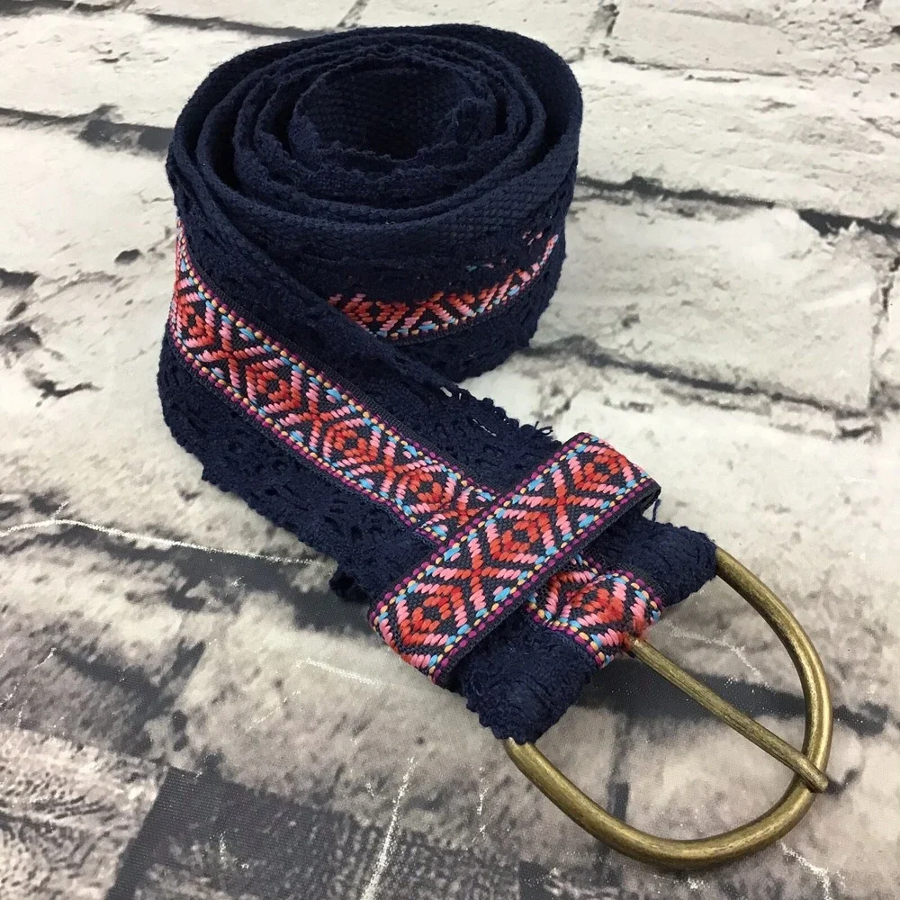 Vtg Sz 15 Fabric Belt‎ Navy Blue Lace Trim Pink Stripe Fits 36-41 Waist Boho